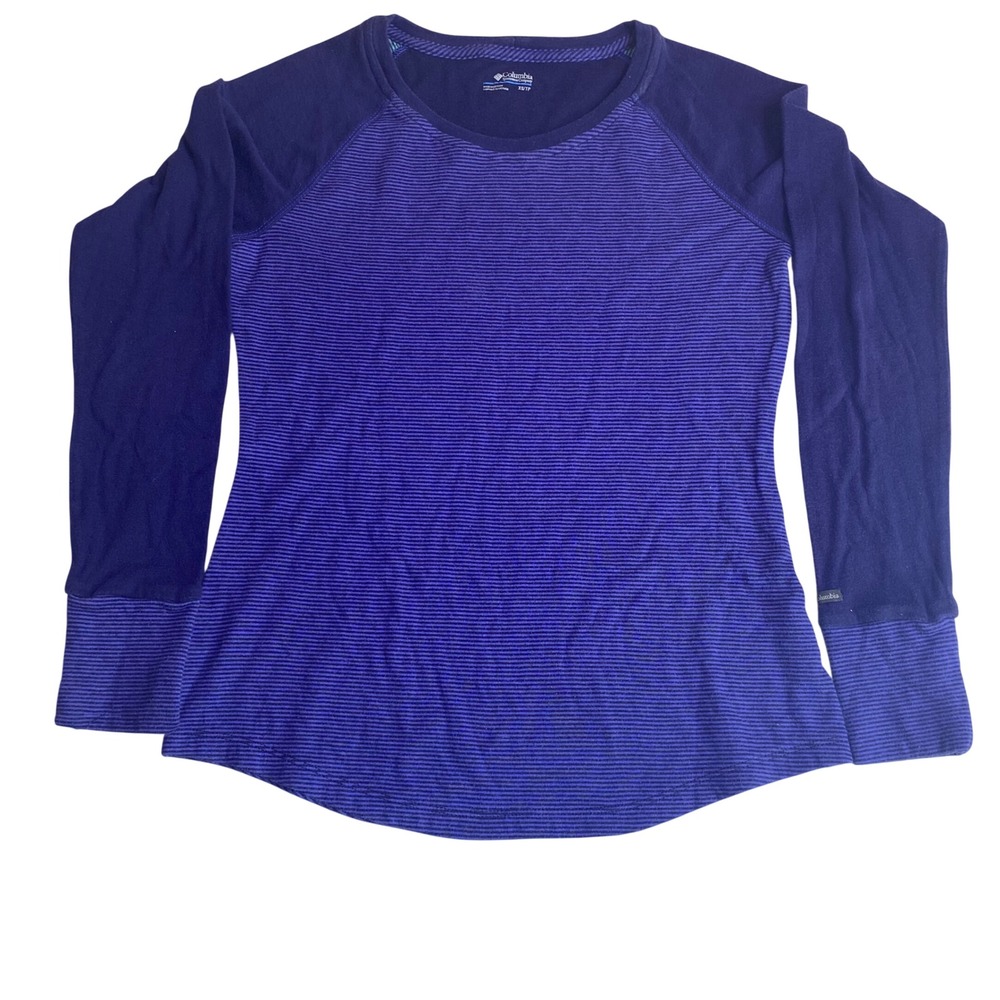 Columbia Striped‎ Raglan Top Womens XS Purple Navy Blue Long Sleeve Crew Neck